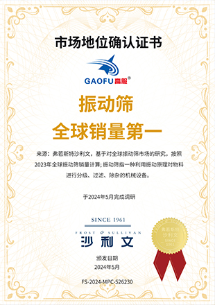 授予高服機(jī)械“振動(dòng)篩全球銷量第一” 市場地位確認(rèn)證書